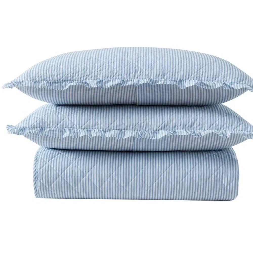 Laura Ashley King Oxford Striped Quilt Set Blue ~ NEW